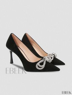 Ebeek - Stiletto Butterfly Bow Velvet Pointed Toe Single Shoe with Rhinestone Embellishment Texture Butterfly, Velvet High Heels, High Heels For Women, Butterfly Embellishment, Butterfly Bow, Velvet Texture, Heels For Women, Rhinestone Embellishments, Bow Design