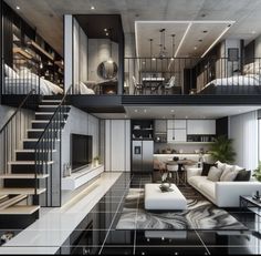 a living room filled with furniture next to a staircase