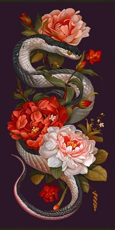 a snake with flowers on it's back and two snakes in the middle, one is