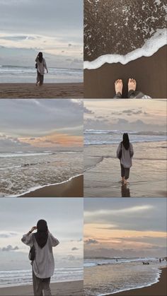 a woman standing on top of a beach next to the ocean with her feet in the sand