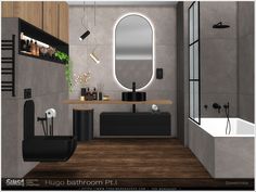 a bathroom with a sink, mirror and bathtub is shown in this 3d image