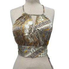 Cute Top For Beach, Travel And Party. Size Small. Brand New. Tags Are Attached Summer Party Top With Paisley Print, Paisley Print Summer Party Top, Summer Party Tops With Paisley Print, Gold Fitted Tops For Vacation, Fitted Gold Top For Vacation, Gold Halter Neck Top For Summer, Yellow Fitted Halter Neck Crop Top, Fitted Yellow Halter Crop Top, Cropped Button Up Sweater