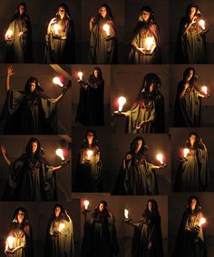 a series of photos showing different poses with candles in their hands and holding them up