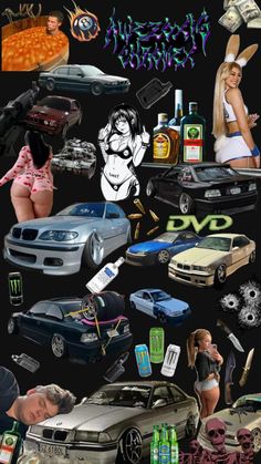 a collage of cars, women and money on a black background