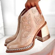 Style: Fashion. Stylish Item: Boots Upper Material: Faux Leather Toe: Point Toe Closure Type: Zipper Heels: Square Heel Boots Embroidered, Shoes Popular, Shoes Embroidery, Retro Embroidery, Wooden Heels, Vintage Sandals, Women Ankle Boots, Embroidery Shoes, Zipper Heels