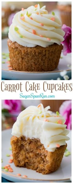 two pictures of carrot cake cupcakes with frosting