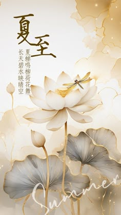 This elegant mobile poster celebrates the Summer Solstice with a serene depiction of a lotus flower in full bloom, complemented by a graceful dragonfly. The soft, golden hues and delicate line work evoke a sense of tranquility and natural beauty. Ideal for seasonal greetings, nature-themed projects, and summer celebrations, this design captures the essence of summer with its peaceful and refined aesthetic. Lotus Flower Art Design, Manhua Background, Lotus Flower Aesthetic, Okinawa Tattoo, Lotus Aesthetic, Mobile Poster, Elegant Graphic Design, Lotus Artwork, Chinese Lotus