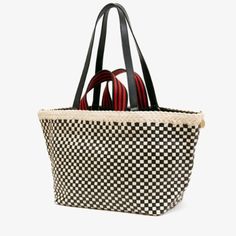 #1 pick for best bag of the summer    - woven checker leather with  - short handles and a shoulder straps  - made for carrying your laptop water bottle pouches notebook wallet  - lucky penny paperclips postits scrunchies and scratcher    dimensions (in inches): 12 w (at base) / 20 w (at opening) x 10 h x 6 d  top handle: 4 inch drop  shoulder strap: 10 inch drop  clasp & d-rings  magnetic closure  one interior pocket  lined in chambray Water Bottle Pouch, Vacation Essentials, Clare Vivier, Lucky Penny, Womens Designer Bags, Clare V, Clare V., D Rings, Best Bags