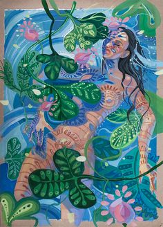 a painting of a woman surrounded by plants and water lillies, with leaves on her body