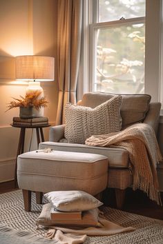 a chair and ottoman in front of a window