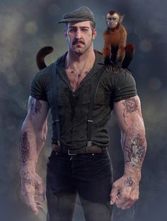 a man with tattoos holding a monkey on his shoulder and looking at the camera while standing next to him