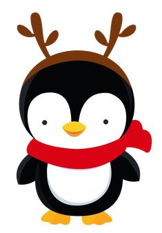 a penguin with reindeer antlers on his head and scarf around its neck, standing in front of a white background