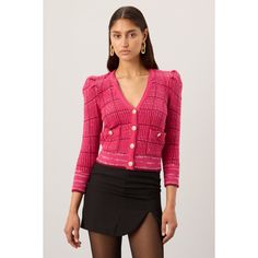 Pink (46% Acrylic, 45% Cotton, 9% Nylon). Knits. V-Neck. 3/4 Sleeve. Front Button Closure. Shoulder to Hemline Length: 20.5". Imported. Rent The Runway, V Neck, Knitting, Pink