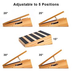 four different types of cutting boards with measurements for the handles and bottoms on them