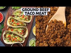 ground beef taco meat is being served on tortillas