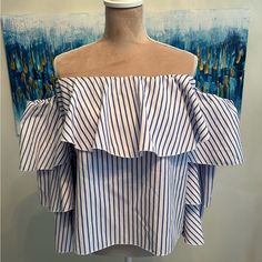 Unique Style Off The Shoulder Blouse. White Background With Blue Stripe. Sleeves Have Three Layers Of Ruffle And Bell Shaped. Sleeves Are Attached At The Side In One Spot. Ruffle Goes All The Way Around. Nwot - Never Worn Blue Off-shoulder Top With Ruffles, Blue Off-shoulder Ruffled Top, Blue Ruffled Blouse For Day Out, Ruffle Bell Sleeve, Red Trench Coat, Striped Hoodie, Bow Detail Dress, Distressed Black Jeans, White Adidas