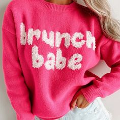 Mainstrip Boutique Brunch Babe Pink Acrylic Pullover Sweater. Nwt. Size Medium. Cozy Spring Sweater With Letter Print, Cozy Letter Print Sweater For Spring, Spring Letter Print Knit Tops, Spring Knit Tops With Letter Print, Spring Letter Print Knit Sweater, Spring Knit Sweater With Letter Print, Trendy Letter Print Sweater For Spring, Long Sleeve Winter Sweater For Brunch, Winter Brunch Knit Sweater