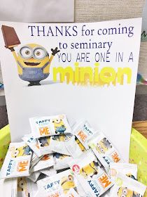 a basket filled with lots of minion stickers next to a sign that says thanks for coming to seminary you are one in a minion