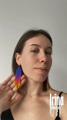 Earrings / Beaded earrings / Blue tassel earrings / Orange gradient earrings / Yellow dangle earrings / Vibrant pink chandelier earrings Colorful Beaded Long Drop Tassel Earrings As Gift, Long Drop Colorful Beaded Earrings, Colorful Beaded Tassel Drop Earrings As Gift, Pink Chandelier Earrings, Blue Tassel Earrings, Pink Chandelier, Blue Beaded Earrings, Orange Gradient, Gold Chevron