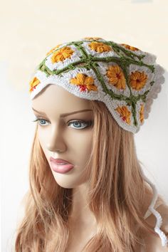 "Ready to Ship!  ♥ Spring bandana, Floral Daisy  Headband, Crochet Bandana, Retro Summer Accessory Hair Kerchief Valentine's Day Mother's Day Gift for Her Colorful Headband,  Crocheted, for Spring Headband, Summer and fall  ●Triangular shape Crocheted with acrylic yarn (mix of white, yellow, red, green colors yarn) daisy floral pattern ●  Measurements; ● Length: approx. 16\" ● Width: approx. 11\" ●Wash warm  READY TO SHIP \"\"\" S H I P P I N G * & * P O L I C I E S \"\"\" I ship via National Po White Bohemian Headscarf For Spring, Festival Headwrap Headband, Handmade Adjustable Headwrap For Festivals, Bohemian White Headband, Spring Beach Bandana Headband, Hippie Headband For Summer Festivals, Bohemian Bandana Headband Gift, Hippie Style Headband For Summer Festivals, Hippie Style Headwrap One Size