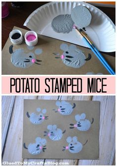 a paper plate with some mouses on it and the words potato stamp mice painted on it