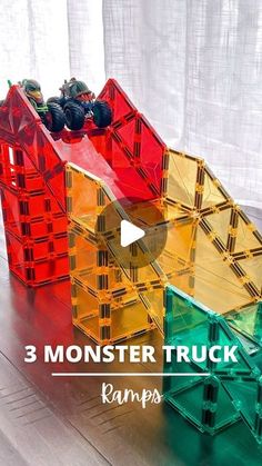 three monster trucks are stacked on top of each other with text overlay that reads, 3 monster truck ramps