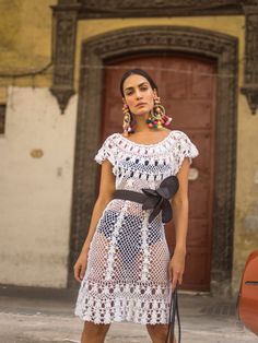 Our handmade crochet Marilyn dress is simply charming. This midi-dress has a lacy flared hem and the wide, round neckline can be worn off-shoulder. As seen on Fashion Blogger Jenny Lopez in Havana, Cuban. *Note: She is wearing size Large to achieve the longer length. 100% Cotton. Belt not included. Size Guide Crochet White Dress, Anna Kosturova, Jennifer Dress, Marilyn Dress, Crochet White, Heirloom Wedding, Beautiful Kimonos, Havana Cuba, My Fashion