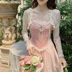 Lace Peach Dress, Fairycore Pink Dress, Fairy Core Corset Outfit, Pink Victorian Dresses, Pink Lace Cardigan, Pink Dress Lace, Vintage Pink Outfits, Pink Cottagecore Aesthetic Outfits, Peach Color Outfits