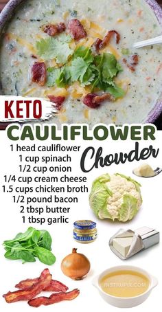 keto cauliflower chowder recipe in a bowl with bacon and lettuce