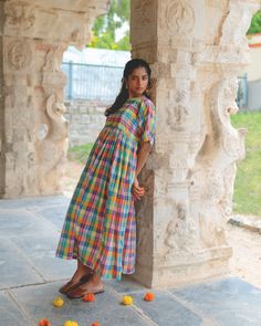 A free flowing heavily gathered dress with mandarin collar in a beautifully handwoven madras checks with an embellished stitch of Kantha. Madras Checks, Madras Dress, Gathered Dress, Checkered Dress, Free Flowing, Art Clothes, British Indian, Mandarin Collar, Blue Shirt