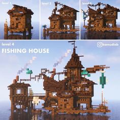 four different views of a house made out of legos and wood blocks, with the text level 4 fishing house below