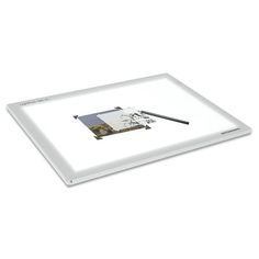 a white tray with an image on the side and a black pen sticking out of it