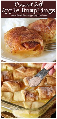 an apple dumpling is being spooned into a casserole dish