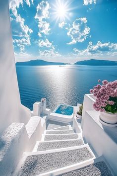 the stairs lead up to an outdoor jacuzzi with flowers in pots on it