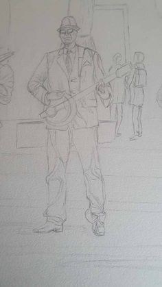 a drawing of a man with a guitar in front of him and people behind him