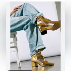 These Are Beautiful Boots! Soft Like Butter Leather. Be Comfortable In The Show Stoppers! Gold Boots Outfit, Free People Boots, Leopard Print Booties, Black Leather Chelsea Boots, Gold Boots, Booties Outfit, Brown Suede Boots, Pointed Toe Boots, Black Heel Boots