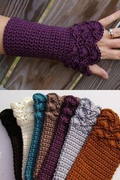 four crocheted fingerless gloves are shown in different colors and sizes, with one being held up by the other hand