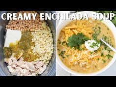 two pictures with different types of soups in them and the words creamy enchilada soup