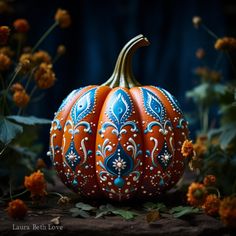 an orange and blue painted pumpkin surrounded by flowers