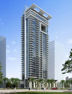 an artist's rendering of a high rise building with palm trees in the foreground