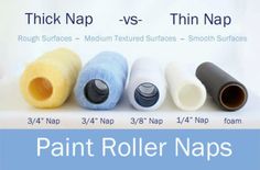 four rolls of paint rollers are shown with the words thick nap vs thin nap