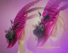 Derby Fascinator  ---FREE SHIPPING--- Completely alluring fascinator with large asymmetrical base and three luxurious, generous Lady Amherst feathers. Looks dramatic and stunning from all angles.   Perfect Easter., Royal Ascot, bridal, Kentucky Derby, Kentucky Oaks, Del Mar Races, hat contests, church, galas, Melbourne Cup, high tea, weddings, cocktail parties, and more.   *FREE SHIPPING Handmade by Aimee Fuller in Southern California See more of our collection in person if you are in: San Diego Del Mar Beverly Hills La Jolla Aimee Fuller has been a trusted online seller since 1999, and is excited to bring her jewelry and hats back to Etsy. Fitted Mini Hats For Fashion Events, Fitted Fascinator For Kentucky Derby Fashion Events, Custom Fitted Party Hats, Kentucky Oaks, Black Rose Flower, Royal Ascot Hats, Pink Fascinator, Derby Fascinator, Flower Fascinator