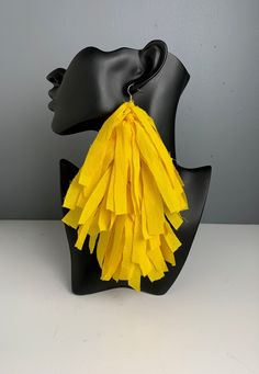 Yellow fabric fringe frayed long hanging earrings. Statement piece earrings. Bold, fun, attention-getting.  Made for pierced ears. Yellow Fringe Jewelry For Party, Yellow Fringe Tassel Earrings, Yellow Fringe Earrings For Summer, Yellow Tassel Earrings For Festival, Yellow Dangle Tassel Earrings For Party, Festival Tassel Earrings With Fringe, Yellow Fringe Tassel Drop Earrings, Yellow Tassel Drop Earrings For Party, Yellow Fringe Earrings As Gift