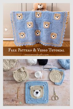 crocheted teddy bear blanket and pot holder with free pattern