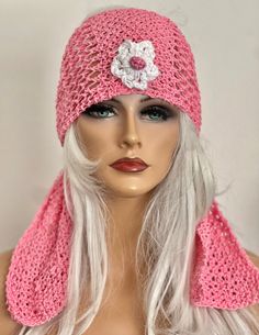 "I Designed and Hand Knitted this Cotton Bandana, Headband, Cap, Head cover, Scarf. Mercerized Cotton hand knitted in Decorative seed stitch and lace style pattern. One crochet flower in the middle. There are so many ways to wear this headband / scarf /belt/Bandana as some show in the pictures. 40\" Long 5\" Wide Great Hip , Romantic, Fun Spring & Summer Accessory ! Designed and Hand Knitted in California, USA. See All of My Original Designs, Four Seasons, Trendy Fine Hand Knits listed in My Etsy Shop:  \" Hand Knits 2 Love\" :Etsy.com/shop/handknits2love" Headwrap Scarf, Bandana Cap, Turban Scarf, Headband Scarf, Hand Knits, Fleece Headbands, Headband Turban, Bandana Headband, Cotton Bandanas