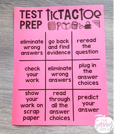 a pink paper with instructions on how to test tictatoo prepositions