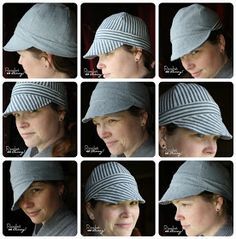 many different pictures of a woman wearing a gray hat with multiple rows of stripes on it