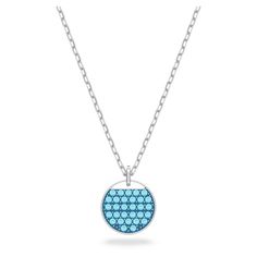 Elegant and versatile, this circle pendant is a wardrobe staple. It features a perfect disc embellished with aquamarine pavé suspended from a rhodium plated setting. Wear yours solo or layered for a statement worth making. Blue Coin Pendant Jewelry, Modern Blue Round Pendant Necklace, Pink Watch, Swarovski Crystal Necklace, Swarovski Necklace, Circle Pendant, Metal Bracelets, Blue Crystals, Rhodium Plated