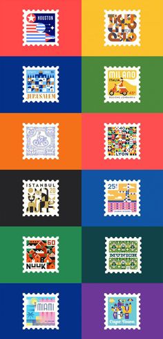 postage stamps with different colors and designs on the same sheeting, each featuring an image of