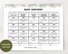 a baby shower game with the words baby leopardy on it and an image of pine branches